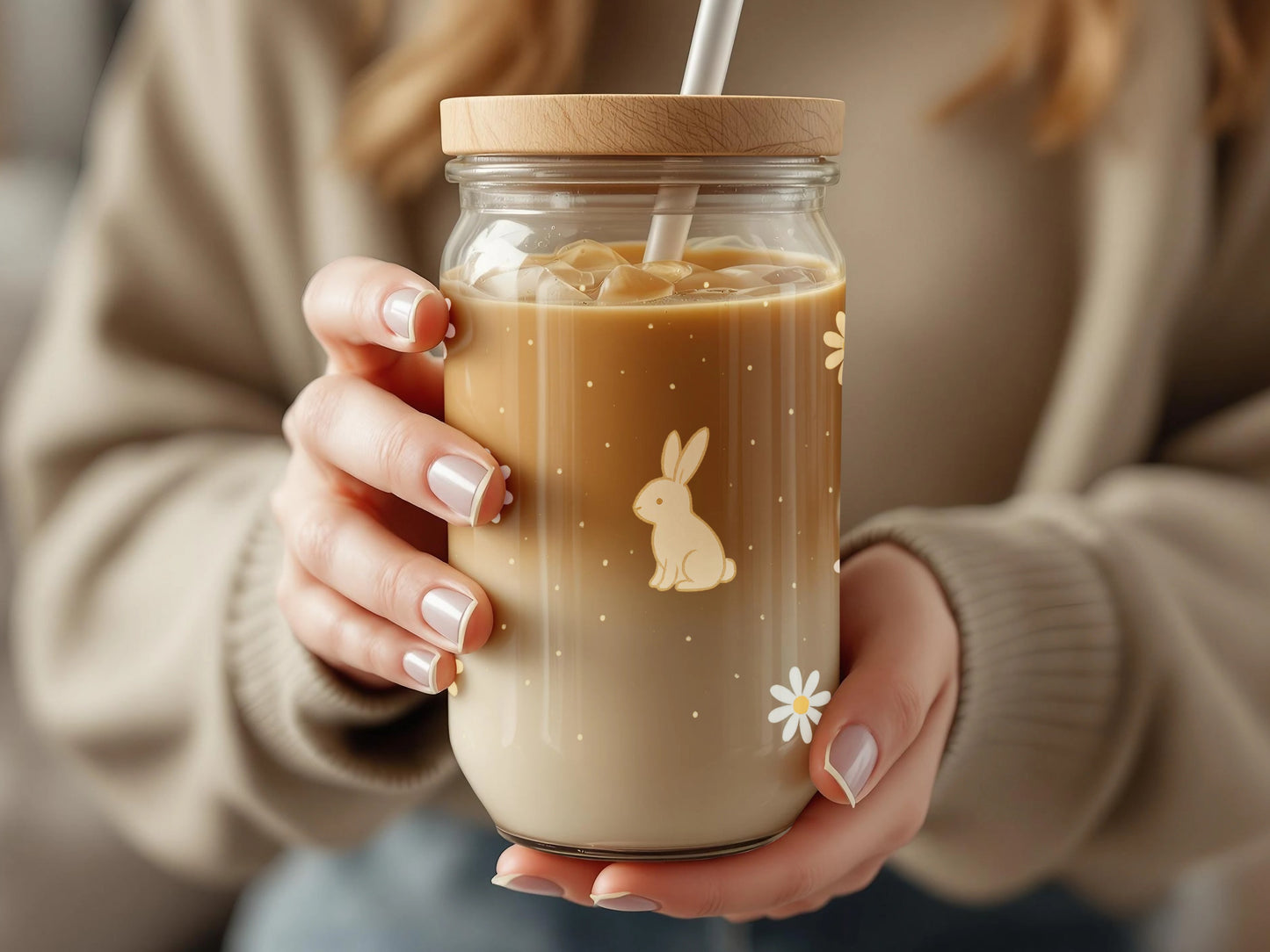 Cute Bunny Glass Mason Jar, Iced Coffee Cup with Straw, Floral and Rabbit Design, Trendy Drinkware, Perfect Gift Idea