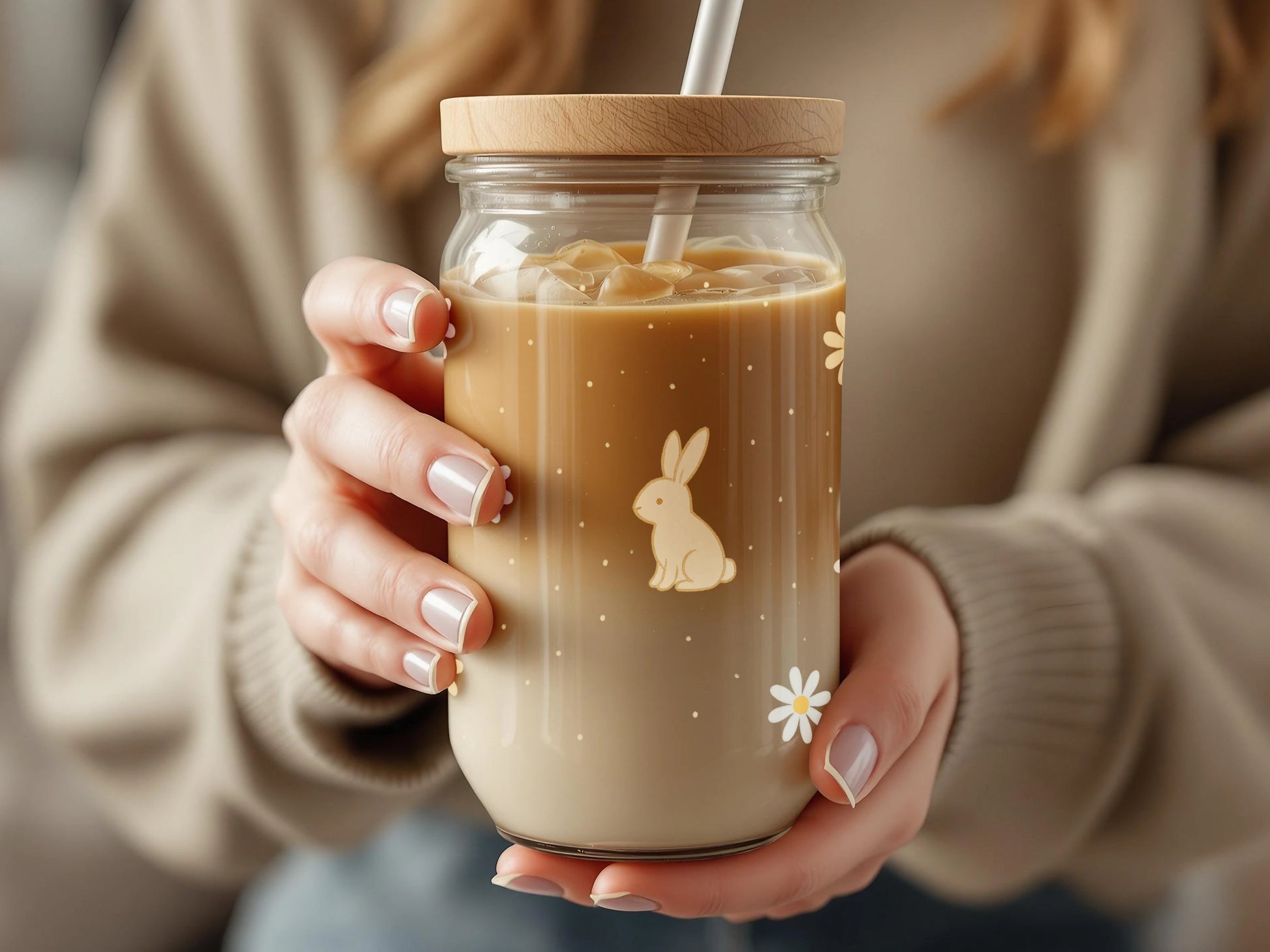 Cute Bunny Glass Mason Jar, Iced Coffee Cup with Straw, Floral and Rabbit Design, Trendy Drinkware, Perfect Gift Idea