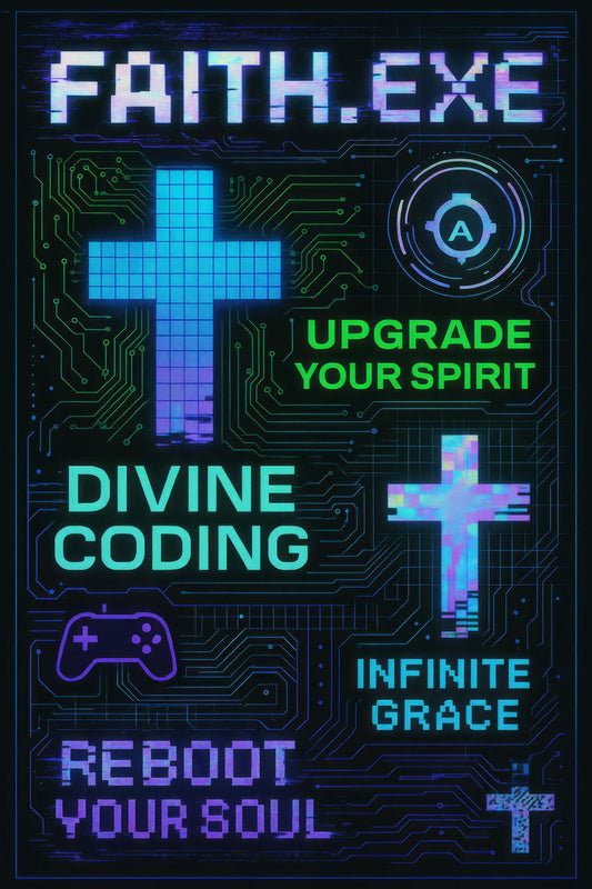 Neon Cyber Cross Poster, Faith.exe Upgrade Your Spirit, Divine Coding Wall Art