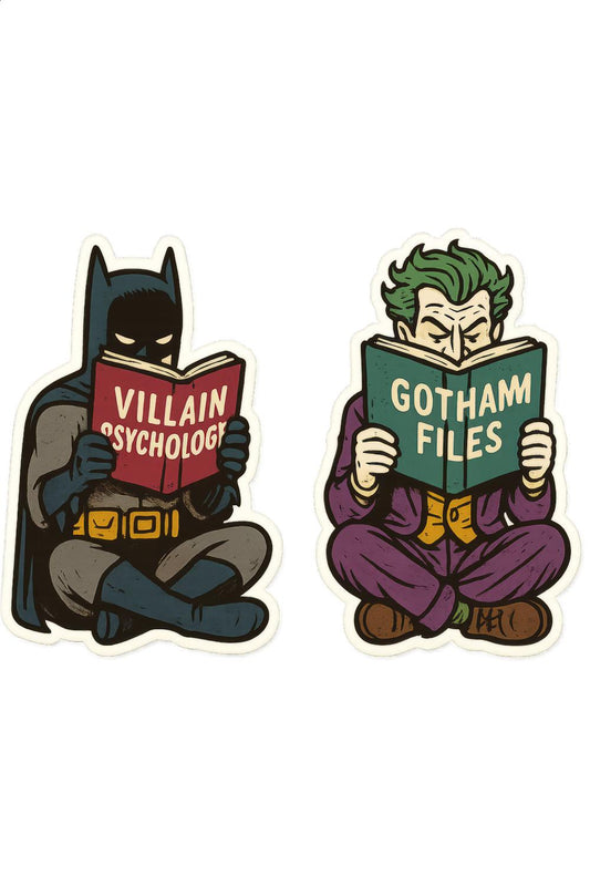Batman and Joker Reading Stickers, Comic Book Hero and Villain, Gotham Theme, Decorative Laptop Decals