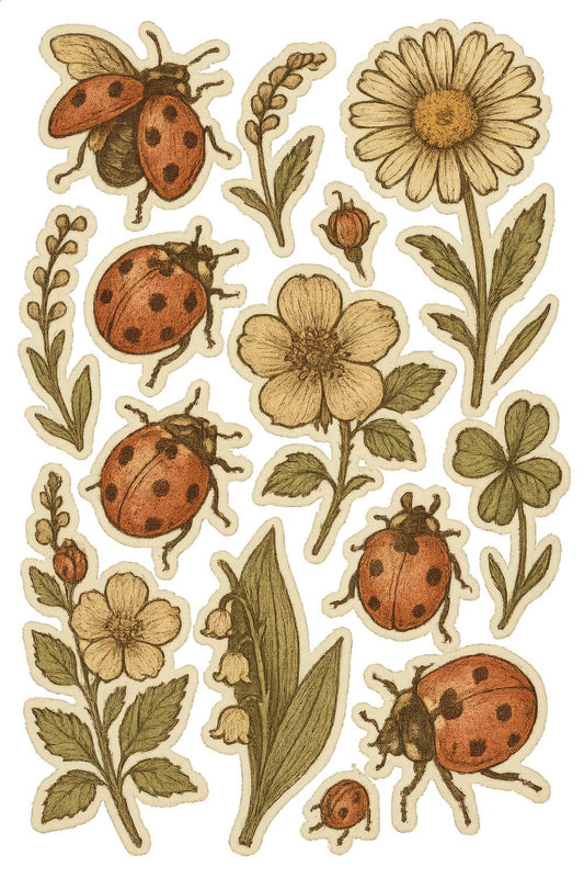 Vintage Ladybug and Wildflower Illustration Print, Rustic Nature Art, Botanical Wall Decor, Garden Insect Poster, Cottagecore Aesthetic