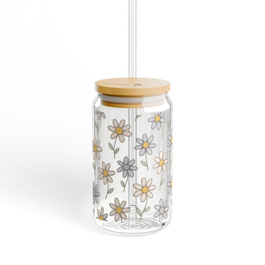 Floral Pattern Glass Jar with Bamboo Lid, Hanging Kitchen Storage, Modern Home Decor