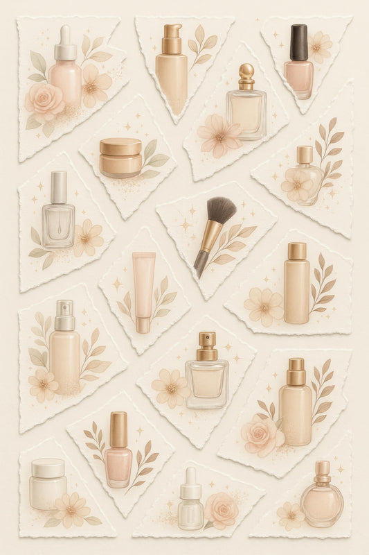 Vintage Cosmetic Illustration Poster, Perfume Bottles, Makeup Brushes, Floral Art Print for Bathroom Decor