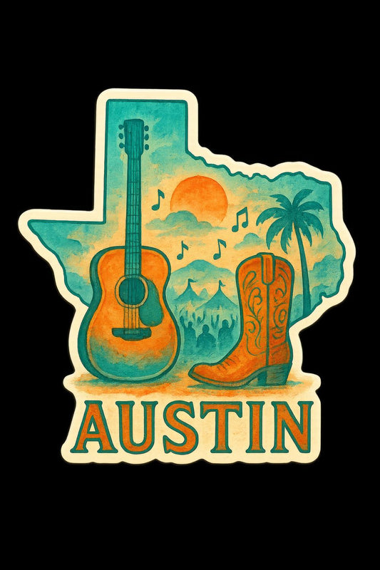 Austin Texas Themed Sticker, Colorful Guitar and Boots Design, Travel Souvenir, Waterproof Decal for Laptops and Water Bottles
