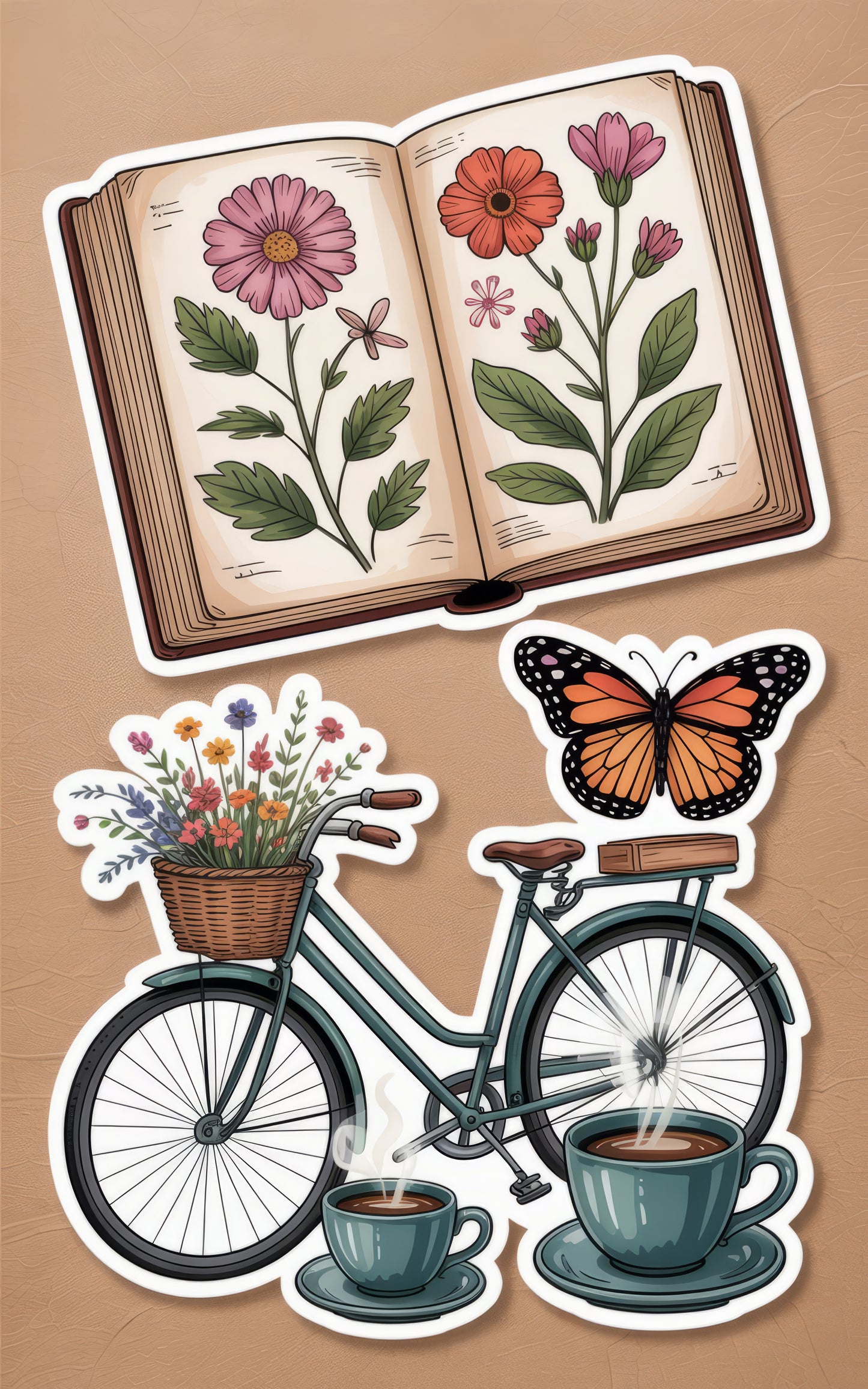 Vintage Floral Notebook Sticker, Bicycle and Flowers Decal, Butterfly Coffee Cup Label, Craft Supplies