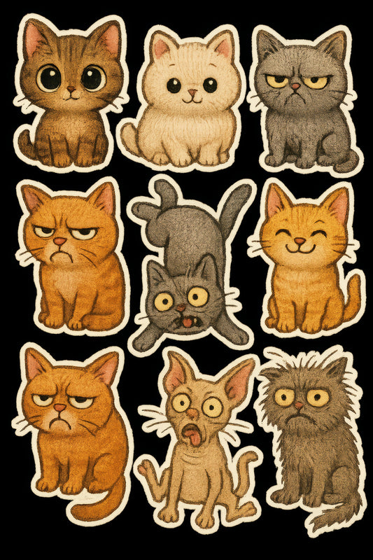 Cute Cat Stickers Variety Pack, Cartoon Kitten Decals, Funny Feline Faces, Laptop and Scrapbook Stickers, Gift for Cat Lovers