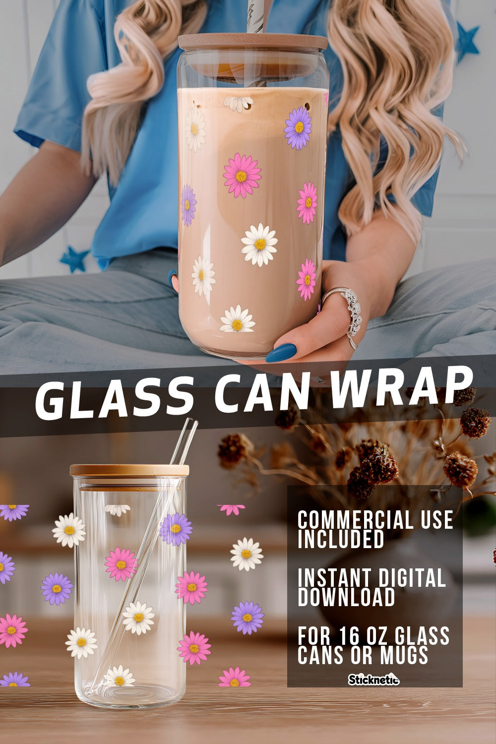 Daisy Flower Glass Can Wrap, Digital Download, Commercial Use, 16 oz Mug Decal Design