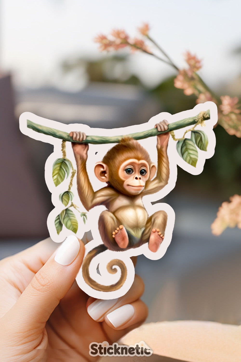 Adorable Monkey Hanging on Branch Sticker product