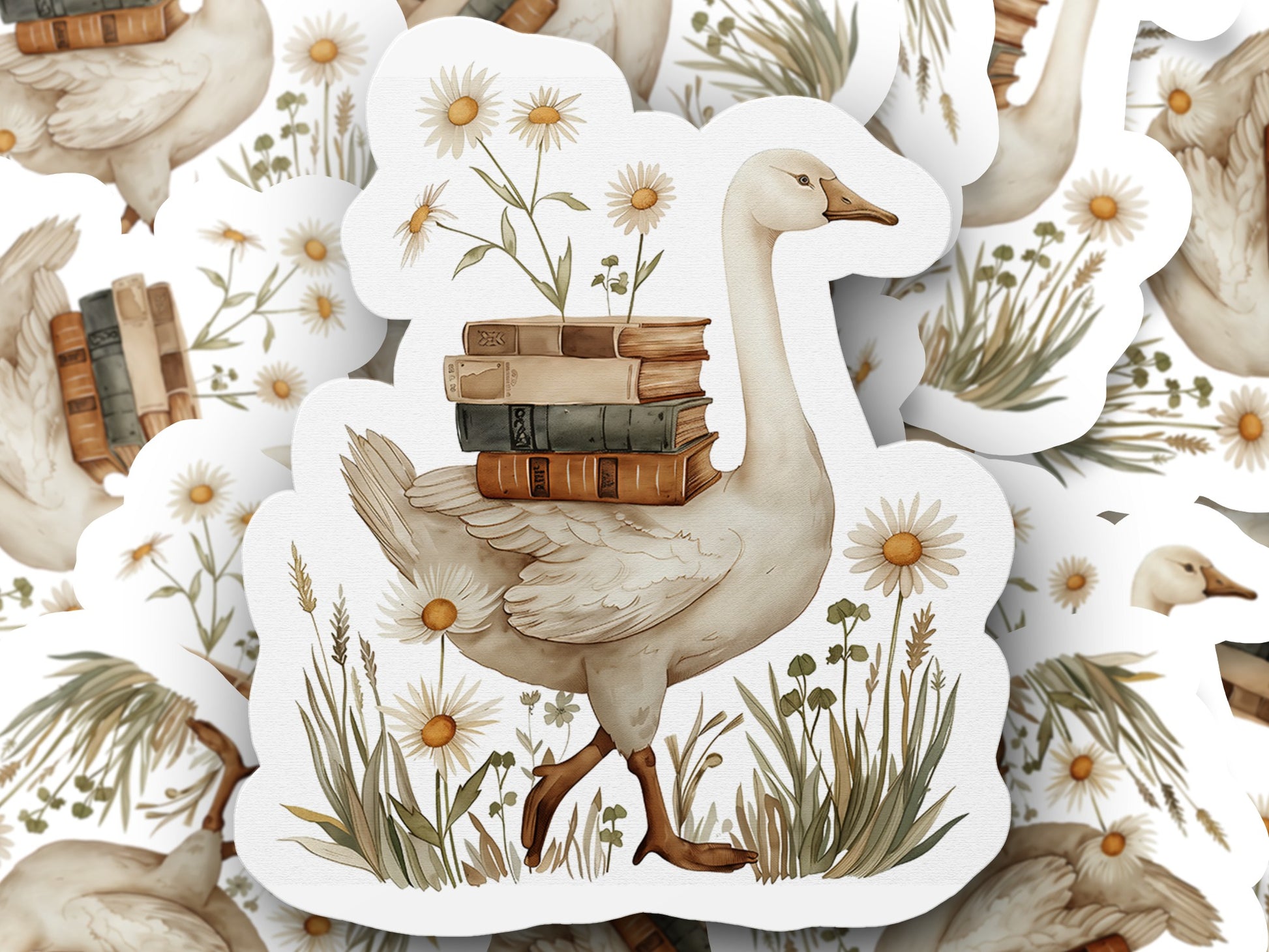 Goose with Books and Flowers Sticker product type