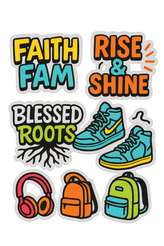 Trendy Sticker Pack, Colorful Sneakers, Headphones, Backpacks, Motivational Quotes, Vibrant Decals for Laptops and Journals