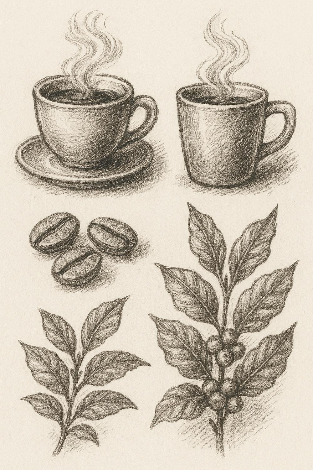 Vintage Coffee Cup and Beans Sketch Art Print, Kitchen Wall Decor, Rustic Home Illustration
