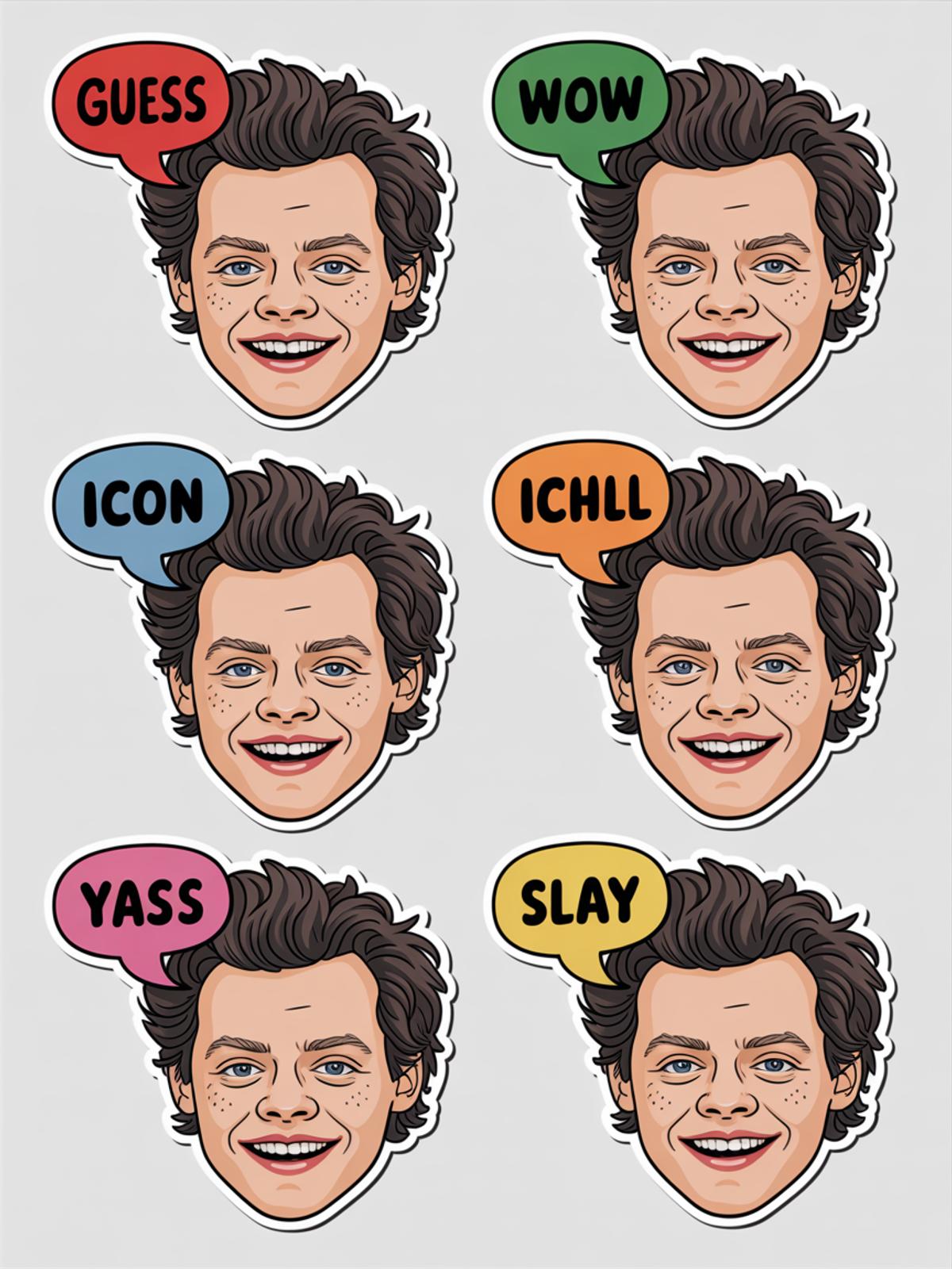 Harry Styles Sticker Pack, Celebrity Pop Art Portraits, Fun Expression Bubbles, Collectible Icons