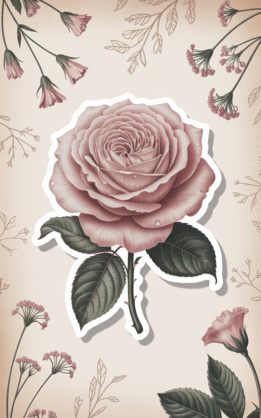 Vintage Pink Rose Sticker, Floral Waterproof Decal, Elegant Blossom Laptop Decoration, Botanical Theme Craft Supplies, Romantic Gift Idea