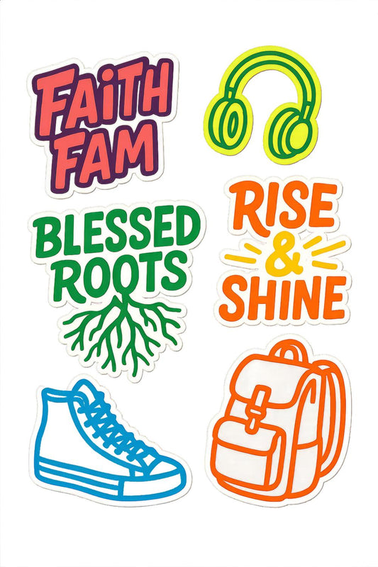 Colorful Inspirational Stickers Set, Faith Family Music School Themes, Laptop and Water Bottle Decals
