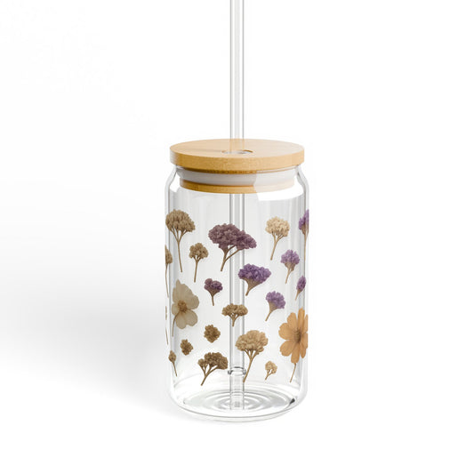 Decorative Glass Jar with Pressed Flowers, Wooden Lid, Handmade Unique Floral Display for Home Decor