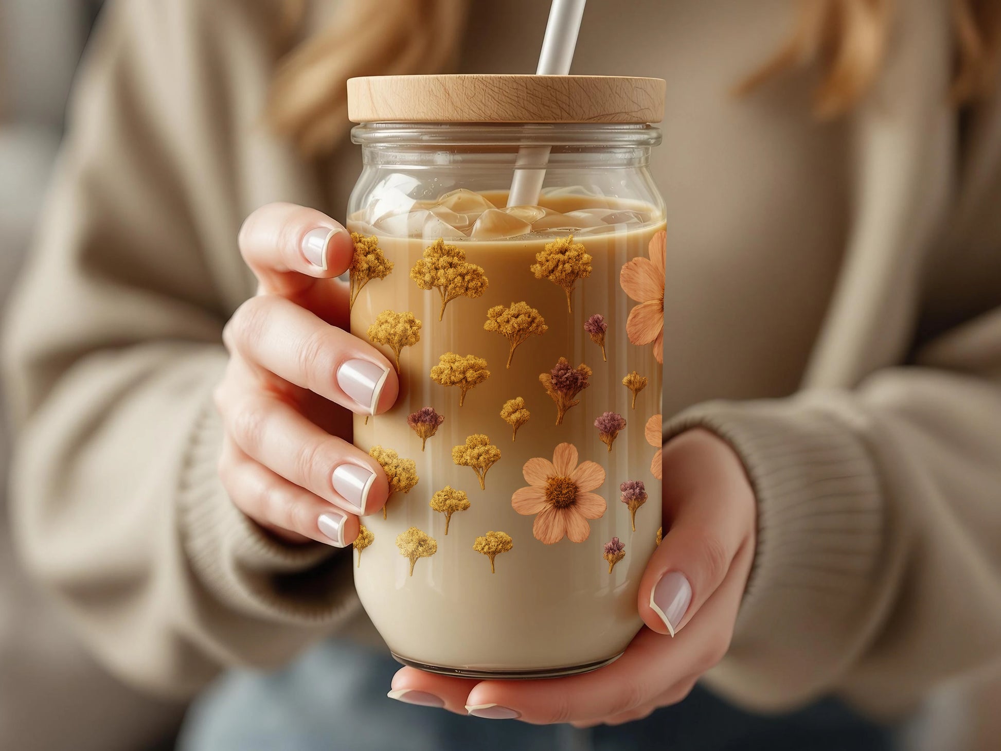 Handmade Floral Cold Brew Mason Jar Tumbler, Eco-Friendly Reusable Drinkware with Wooden Straw, Unique Gift Idea