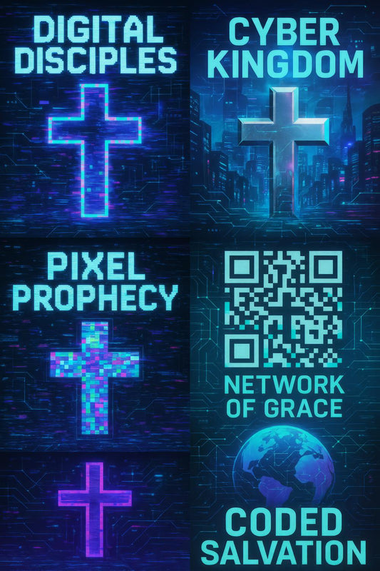Neon Cross Art Prints, Cyber Kingdom, Pixel Prophecy, Digital Disciples, Religious Decor
