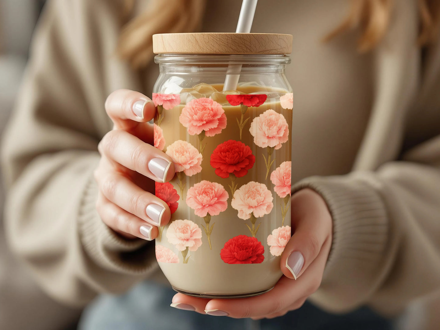 Floral Print Mason Jar Tumbler with Lid, Reusable Straw, Eco-Friendly Drinkware, Gift Idea