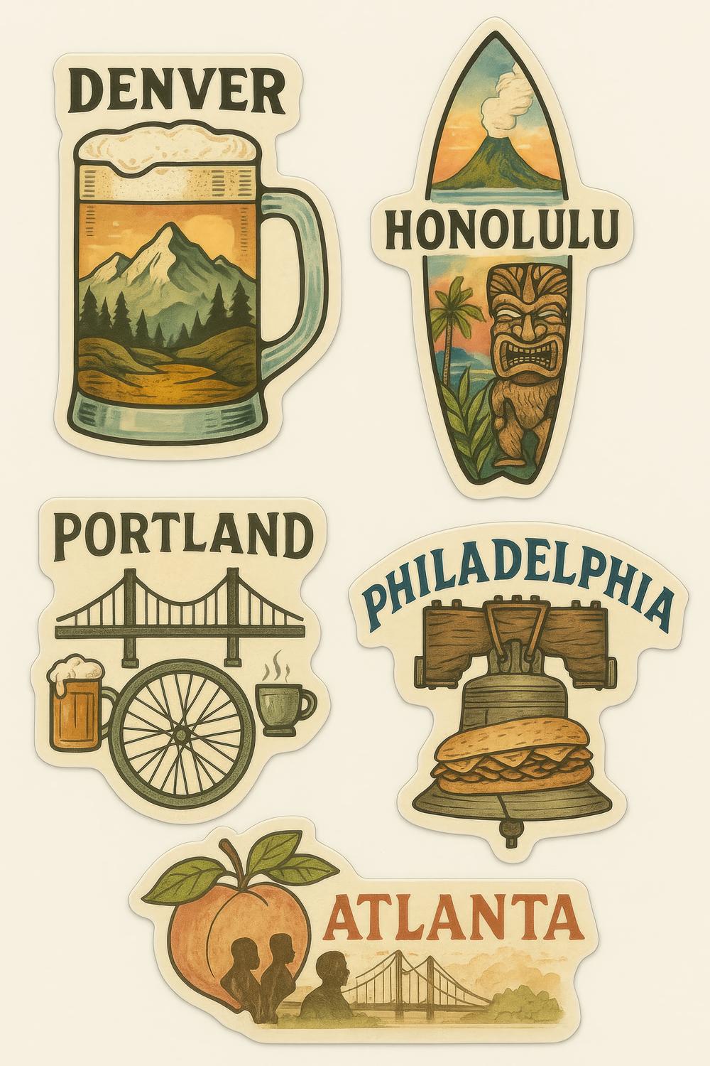 Vintage Travel Stickers, Denver, Honolulu, Portland, Philadelphia, Atlanta, City Decals, Retro Style, Decorative Sticker Pack for Luggage