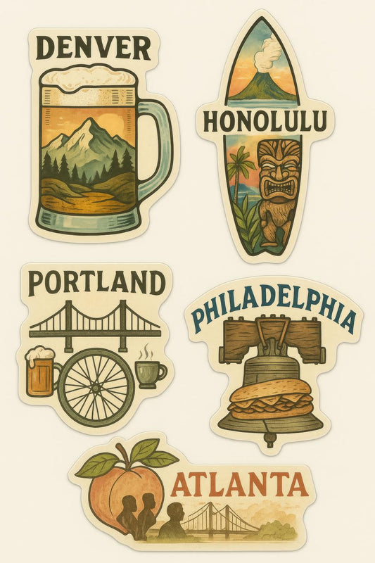 Vintage Travel Stickers, Denver, Honolulu, Portland, Philadelphia, Atlanta, City Decals, Retro Style, Decorative Sticker Pack for Luggage