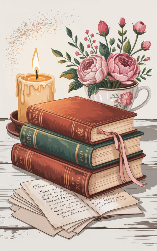 Vintage Book Stack Art Print, Floral and Candle Illustration, Cozy Reading Nook Decor, Romantic Home Library Wall Art