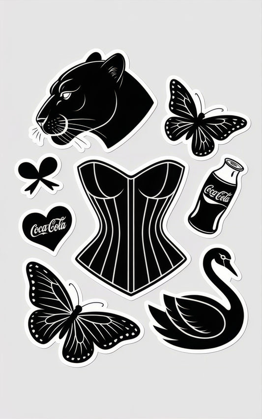 Vintage Sticker Pack, Retro Coca-Cola, Butterfly, Corset Design, Black and White Aesthetic, Waterproof Vinyl Stickers