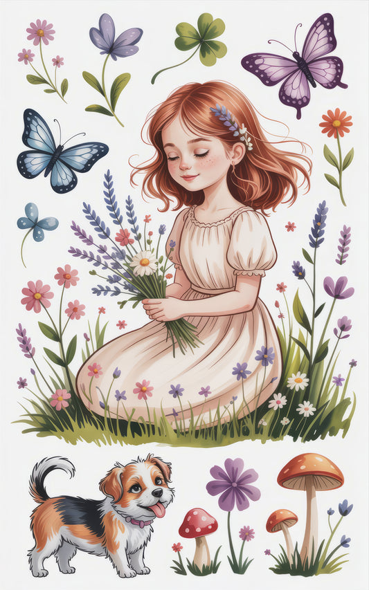 Whimsical Garden Illustration, Girl with Dog and Flowers, Butterfly Wall Art, Vibrant Floral Decor