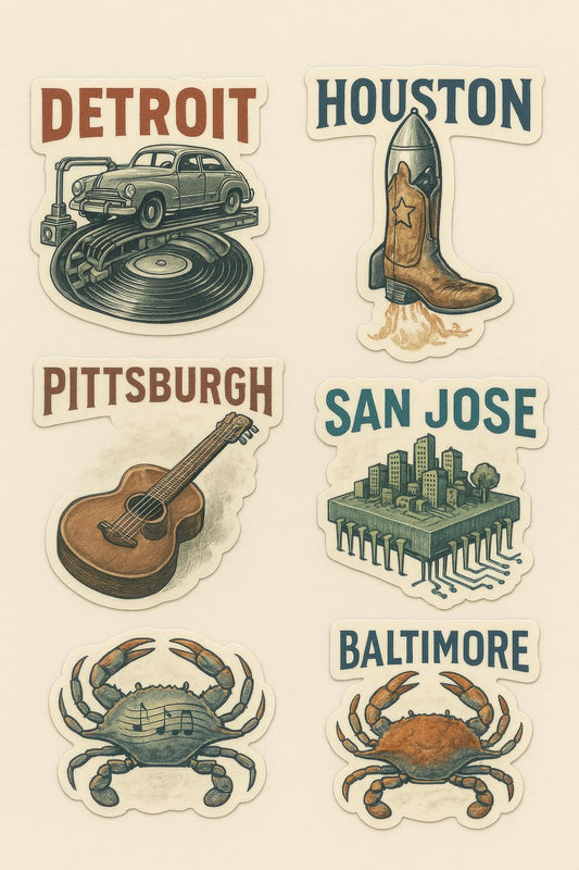 Vintage City Poster Prints - Detroit Cars, Houston Rocket, Pittsburgh Guitar, Crab Art