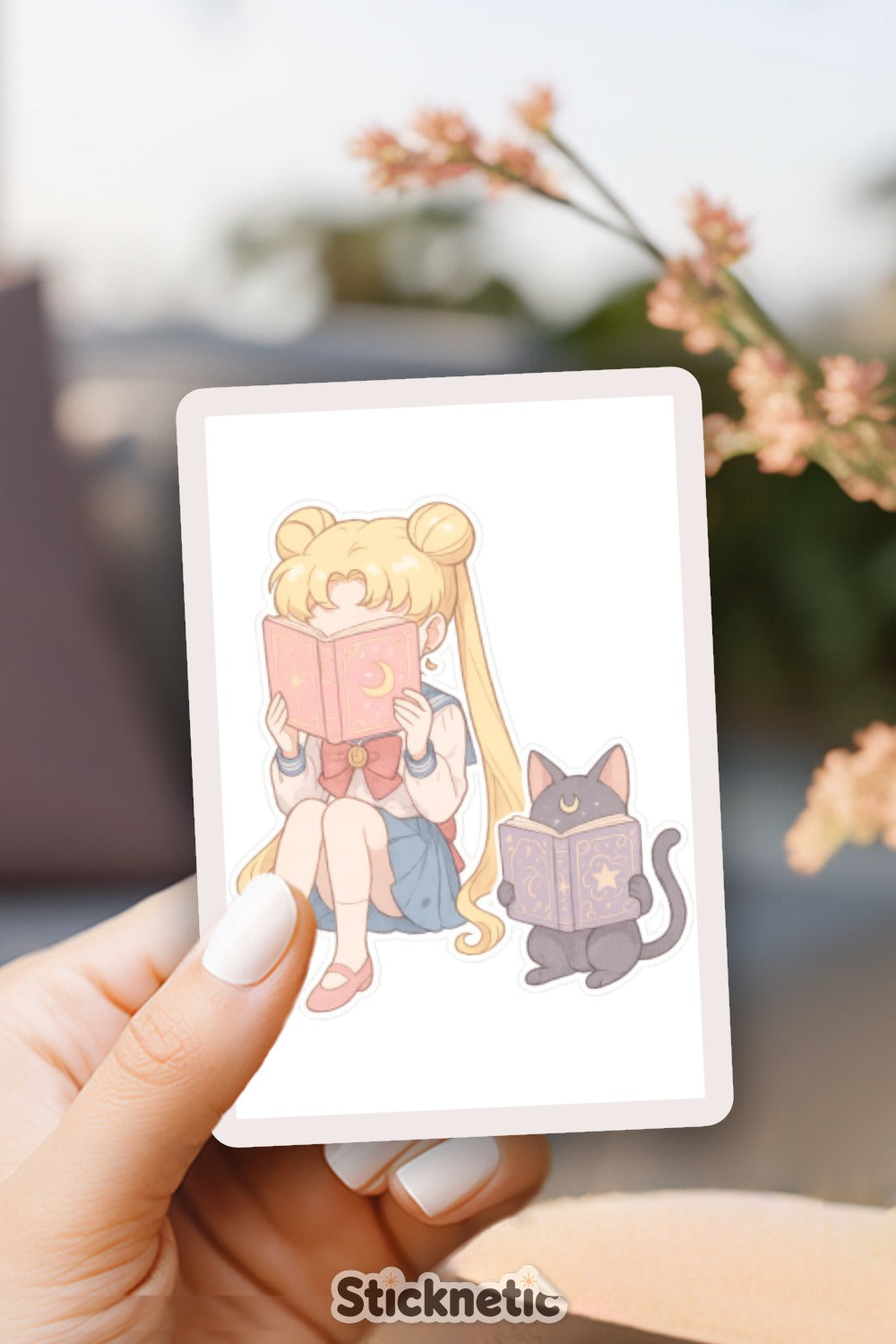 Anime Girl and Cat Reading Book Sticker, Cute Cartoon Waterproof Vinyl Decal