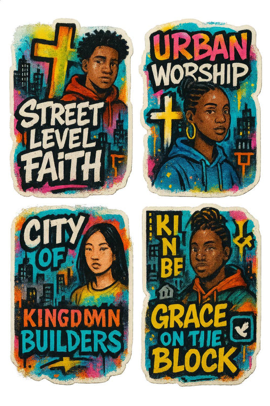 Urban Worship Street Art Coasters, Christian Faith Decor, Multi-Ethnic Grace Motif Set