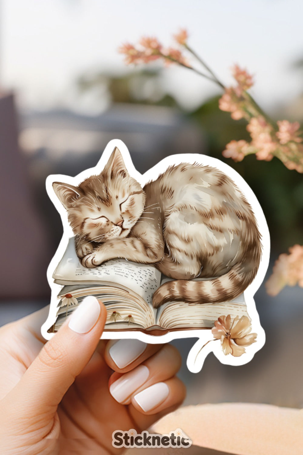 Cute Sleeping Cat on Book Sticker product