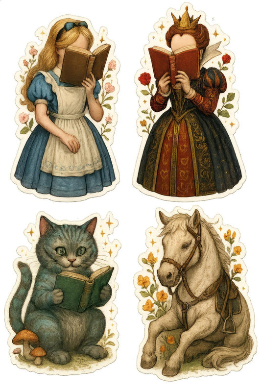Vintage Inspired Reading Characters Stickers, Alice, Queen, Cat, Horse, Decorative Bookish Decals for Journals and Planners