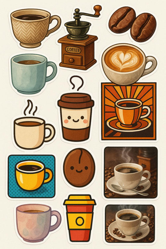 Vintage Coffee Sticker Set, Espresso Machine, Latte Art, Coffee Beans, Cute Mugs, Coffee Lover Gift