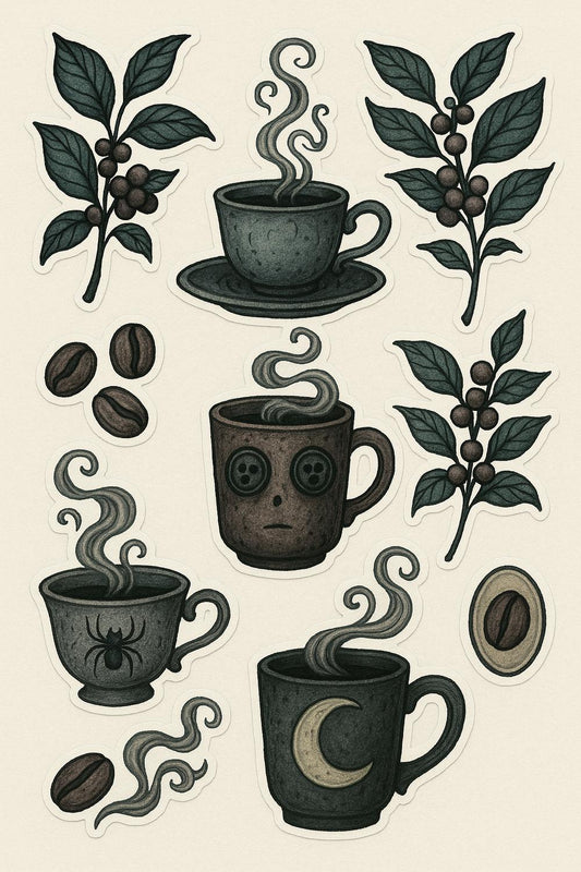 Coffee Themed Art Print, Vintage Style Coffee Cups and Beans Illustration, Kitchen Wall Decor