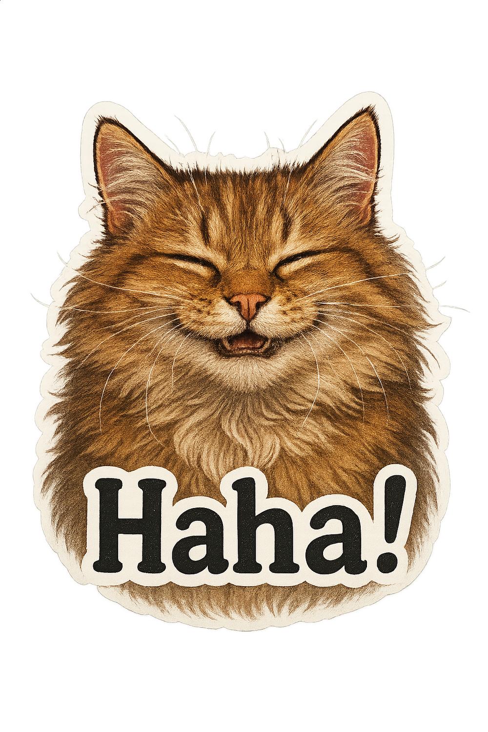 Smiling Cat Sticker, Funny 'Haha!' Text, Cute Feline Decal, Animal Laptop Decoration, Humorous Cat Meme, Vinyl Sticker Gift