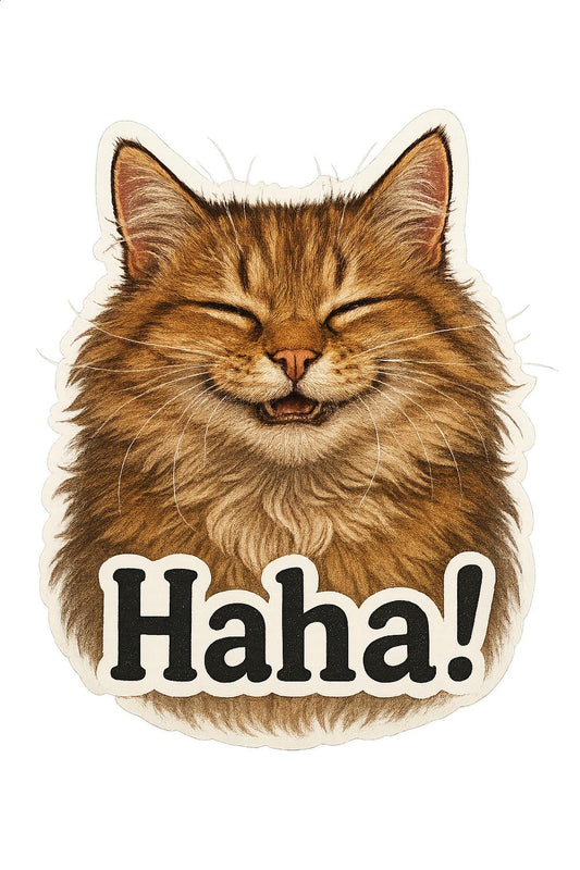 Smiling Cat Sticker, Funny 'Haha!' Text, Cute Feline Decal, Animal Laptop Decoration, Humorous Cat Meme, Vinyl Sticker Gift