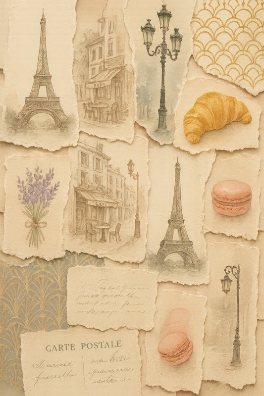 Vintage Paris Collage Art Print, Eiffel Tower, French Pastries, Lavender, Travel Inspired Wall Decor, Ideal Gift