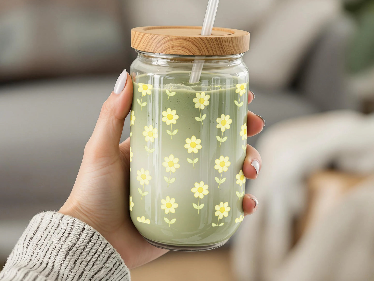Handheld Glass Mason Jar with Wooden Lid, Floral Design, Eco-Friendly Reusable Drinkware, Spring Decor