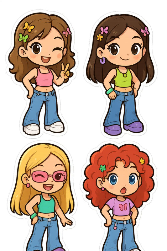 Cute Cartoon Girl Stickers, Variety Pack, Colorful Floral Designs, Laptop Decals, Kids Fashion Illustrations, Vinyl Sticker Set