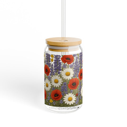 Floral Glass Jar Candle Holder with Wooden Lid, Colorful Poppies and Daisies Design, Home Decor