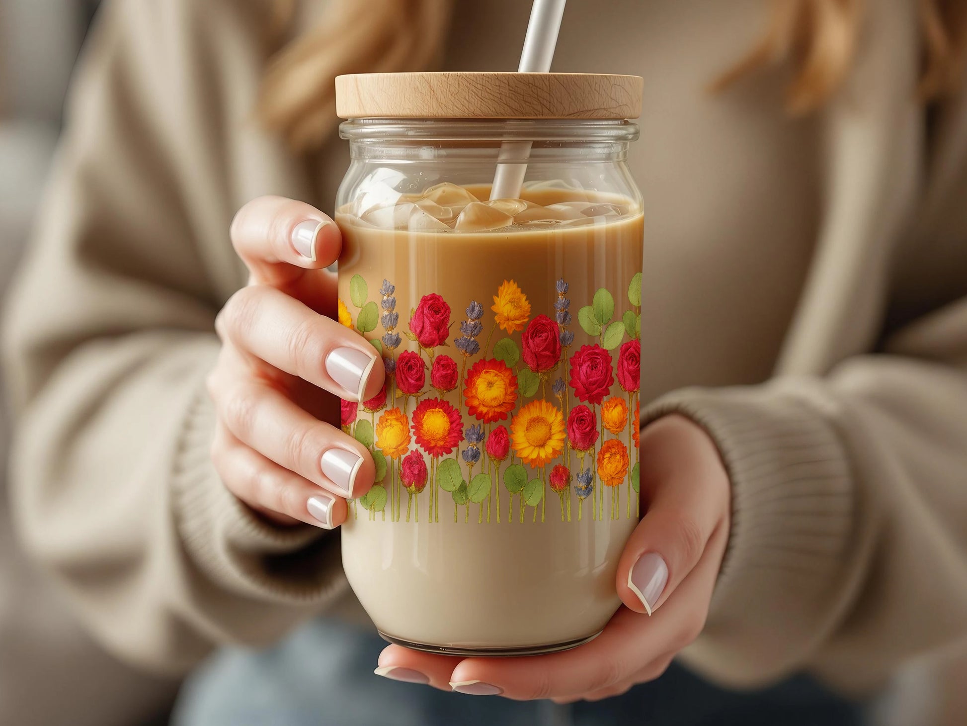 Floral Glass Mason Jar Tumbler, Reusable Iced Coffee Cup with Straw, Hand-Painted Flowers Design