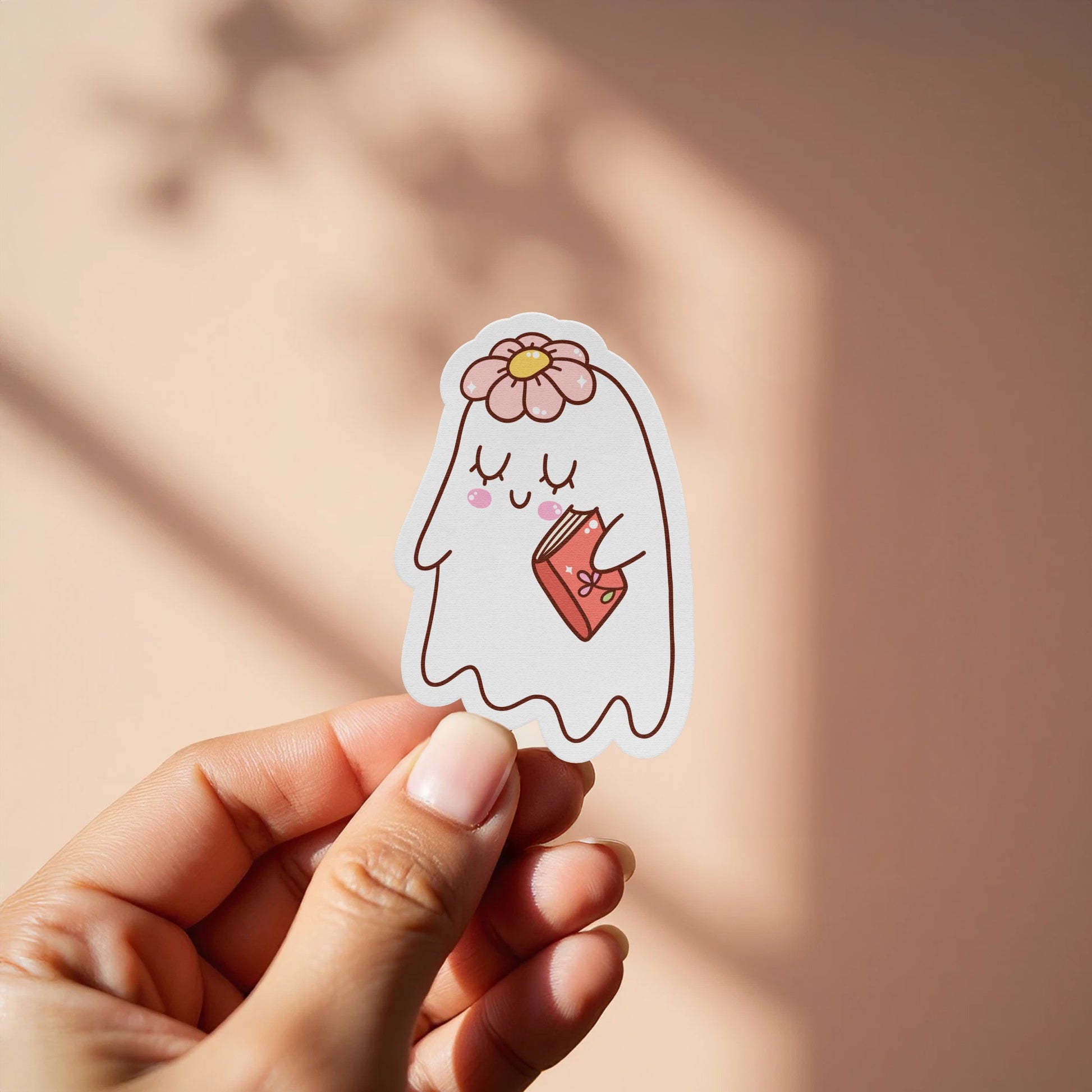Cute Book Reading Ghost Sticker with Flower product type