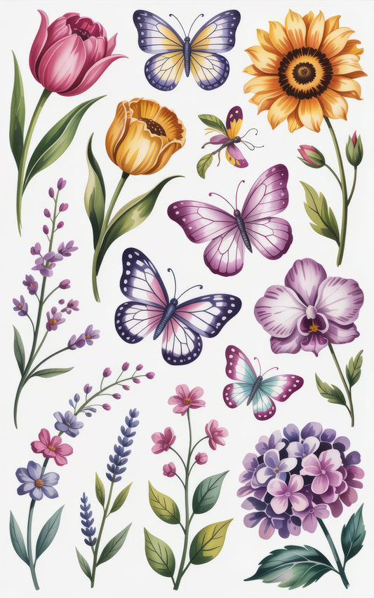Vintage Floral and Butterfly Illustration Print, Botanical Art Poster, Colorful Garden Wall Decor, Nature Inspired Home Decoration