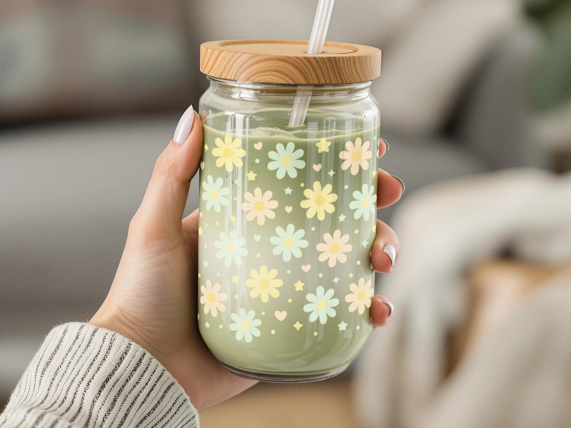 Floral Pattern Glass Drinking Jar with Lid and Straw, Daisy Print, Eco-Friendly Reusable Cup