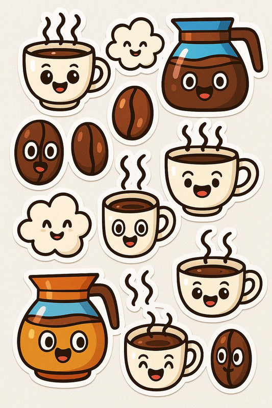 Cute Coffee and Beans Sticker Pack, Colorful Cartoon Coffee Cup Vinyl Stickers, Fun Beverage Decals for Laptops and Journals