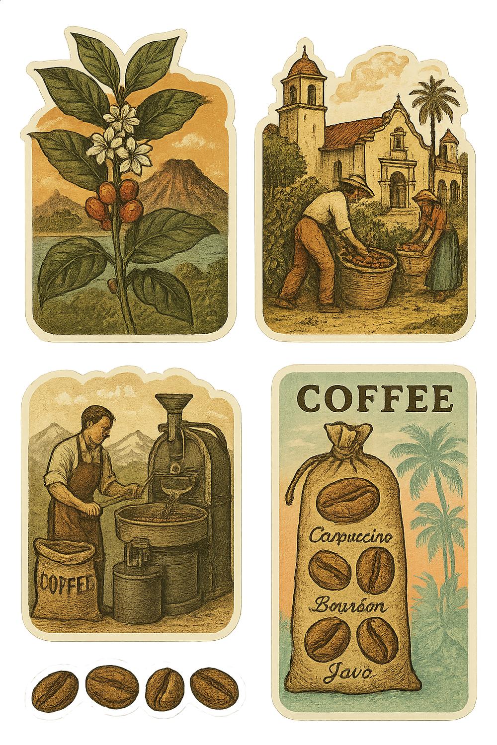 Vintage Coffee Production Process Art Prints, Set of 4 Antique Illustrations - Kitchen Decor