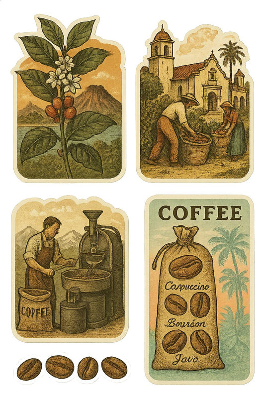 Vintage Coffee Production Process Art Prints, Set of 4 Antique Illustrations - Kitchen Decor