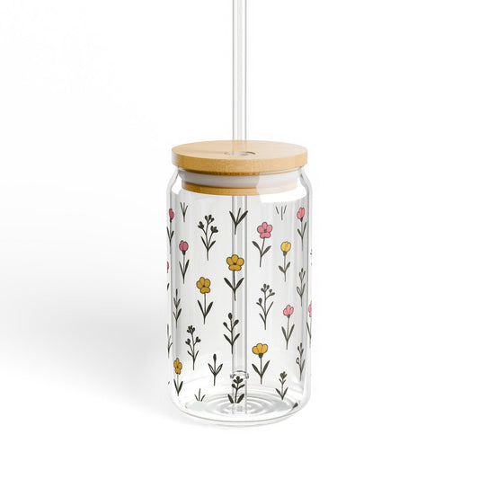 Floral Pattern Glass Jar with Bamboo Lid, Modern Kitchen Storage Container, Decorative Flower Design, Home Decor Organizer