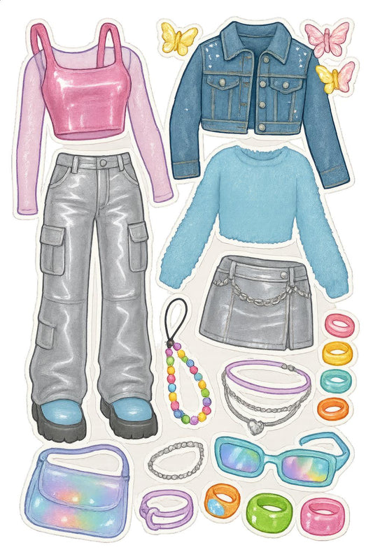 Trendy Teen Fashion Outfit Stickers, Pastel Clothing and Accessories, Cute Jacket, Jeans, and Jewelry Stickers Set for Scrapbooking