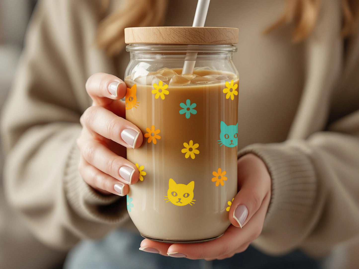 Cute Cat and Floral Pattern Reusable Glass Coffee Cup, Colorful Eco-Friendly Drinking Jar with Straw